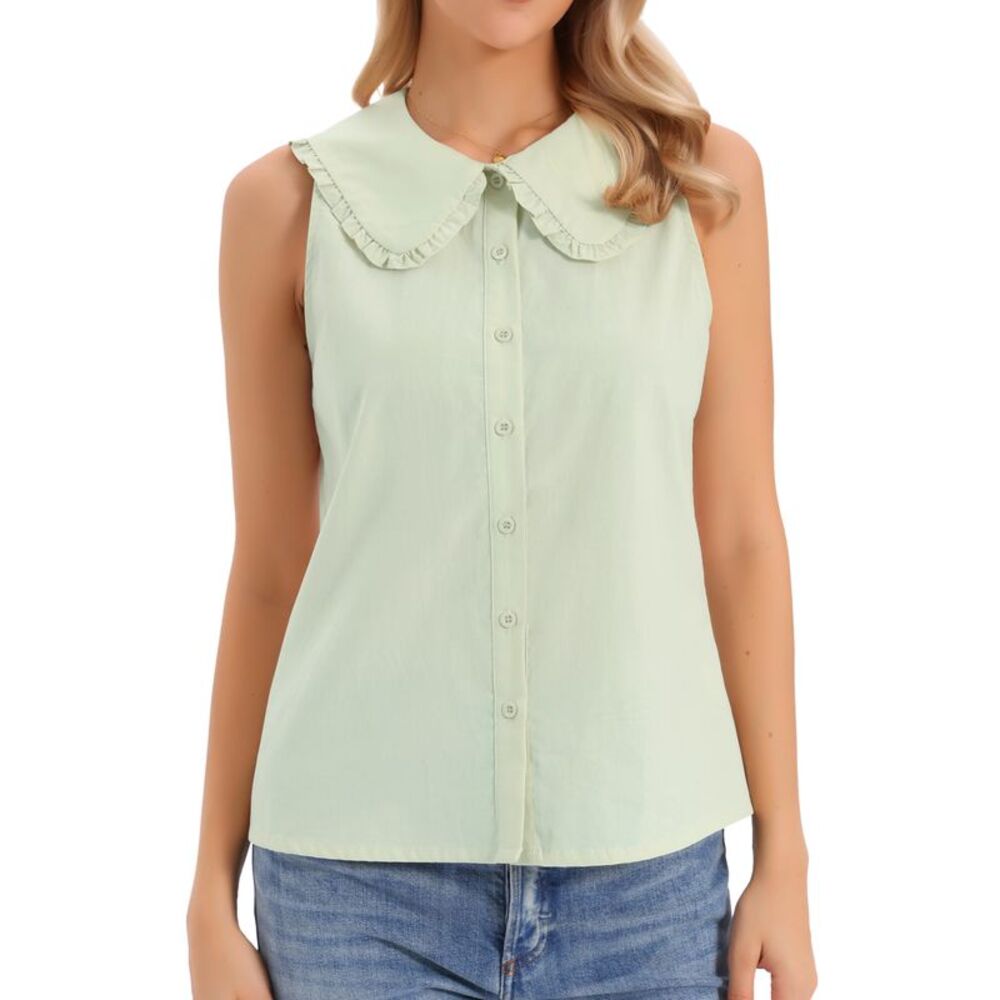 Women Sleeveless Button Down Peter Pan Collar Blouses Green
